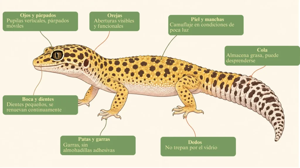 ¿Qué es un gecko leopardo? Guía completa sobre datos, hábitat, tamaño, esperanza de vida y cuidados 4 anatomia-diagrama