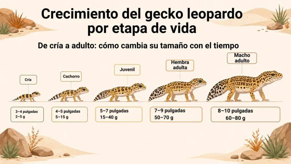 ¿Qué es un gecko leopardo? Guía completa sobre datos, hábitat, tamaño, esperanza de vida y cuidados 3 crecimiento-etapas-infografia